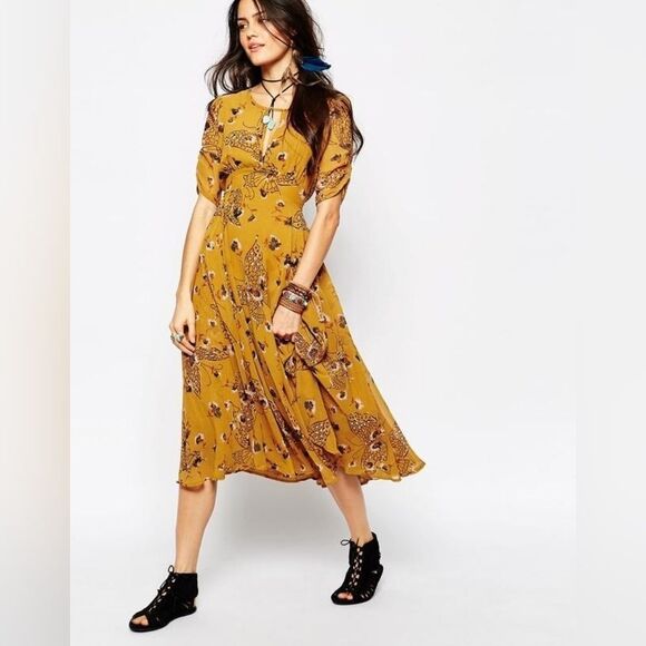 NWT Free‎ People Mustard Yellow Bonnie Butterfly Keyhole Boho Midi Dress 2 - Picture 1 of 11